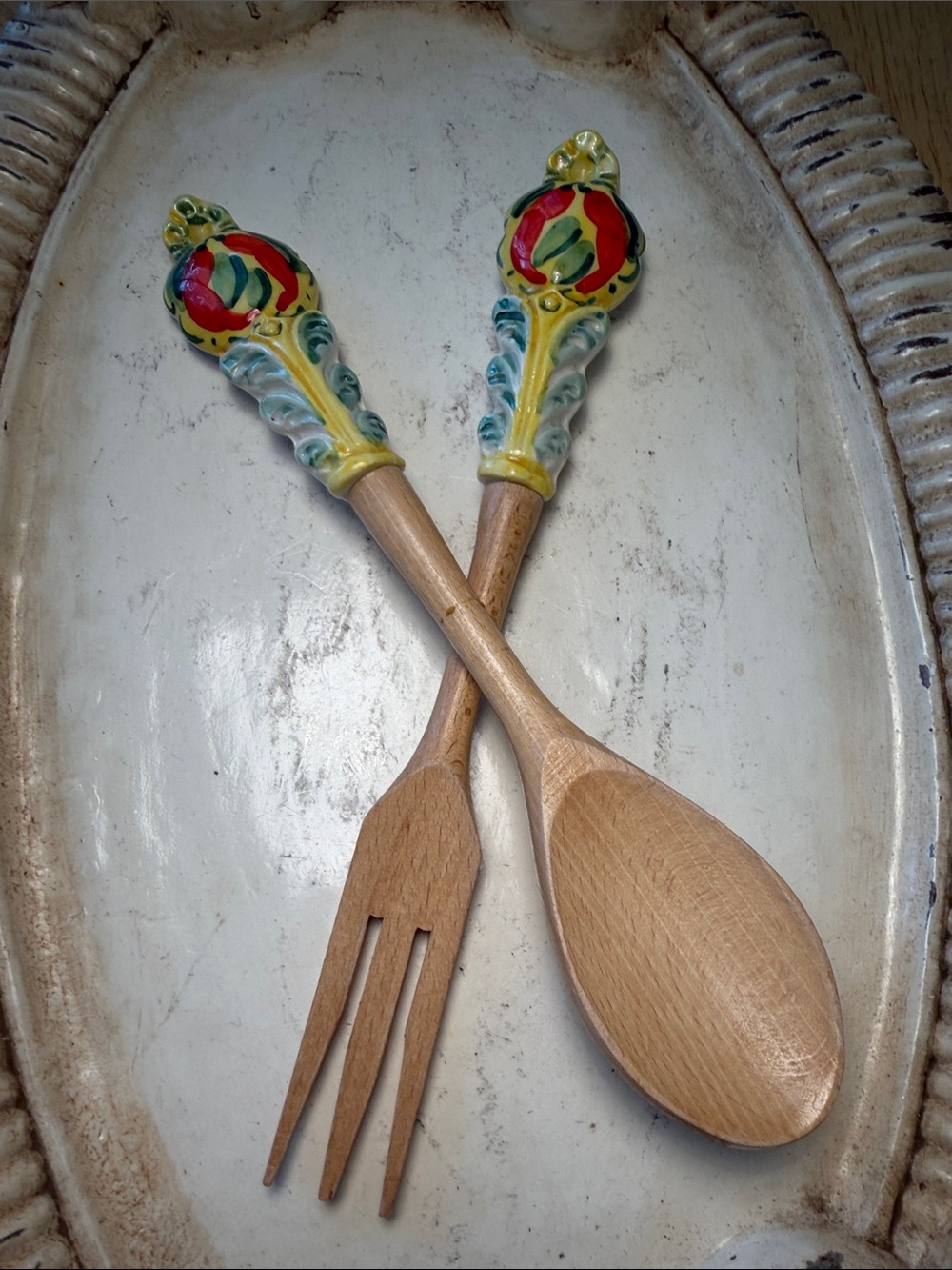 Pair of Wooden Salad Serving Utensils w/ Hand-Painted Ceramic Handles